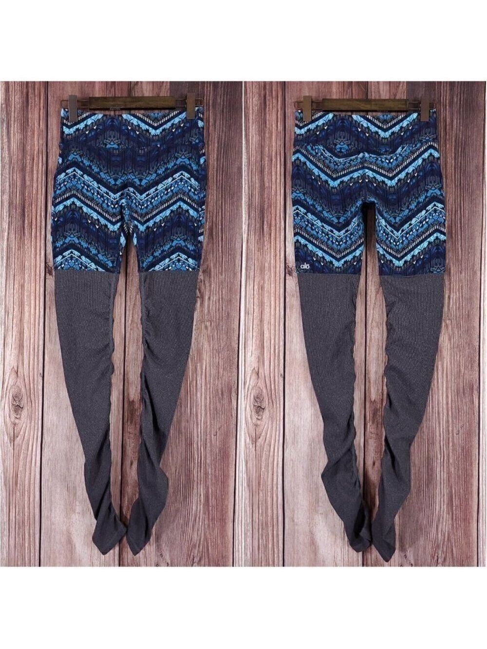 Alo Yoga Womens Size Medium Goddess Leggings Blue Gray Tribal Print Gray Ribbed
